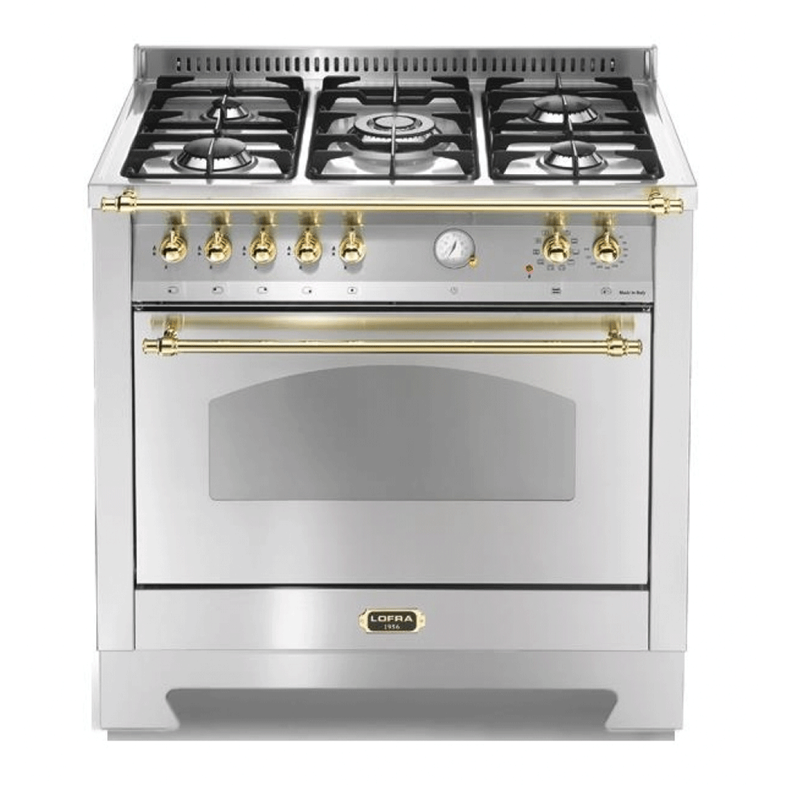 Fogão Lofra Dolcevita Inox 90cm 5 Bocas Forno Elétrico 102L - fogão de piso inox 5 bocas com botoeiras douradas, grelhas ferro fundido e forno elétrico