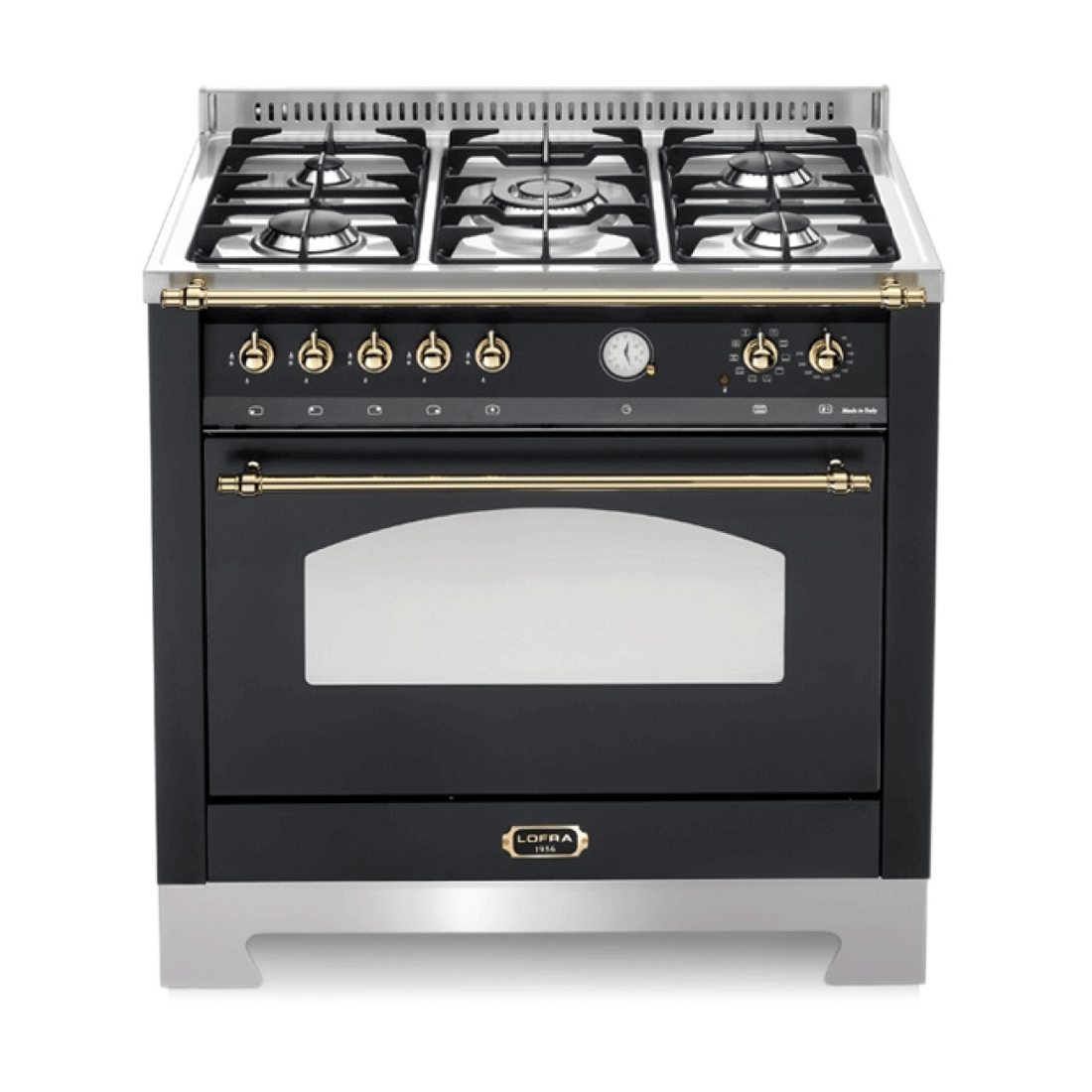 Fogão Lofra Dolcevita Preto 90cm 5 Bocas Forno Elétrico 102 Litros, fogão de piso preto fosco com puxadores dourados, grelhas em ferro fundido