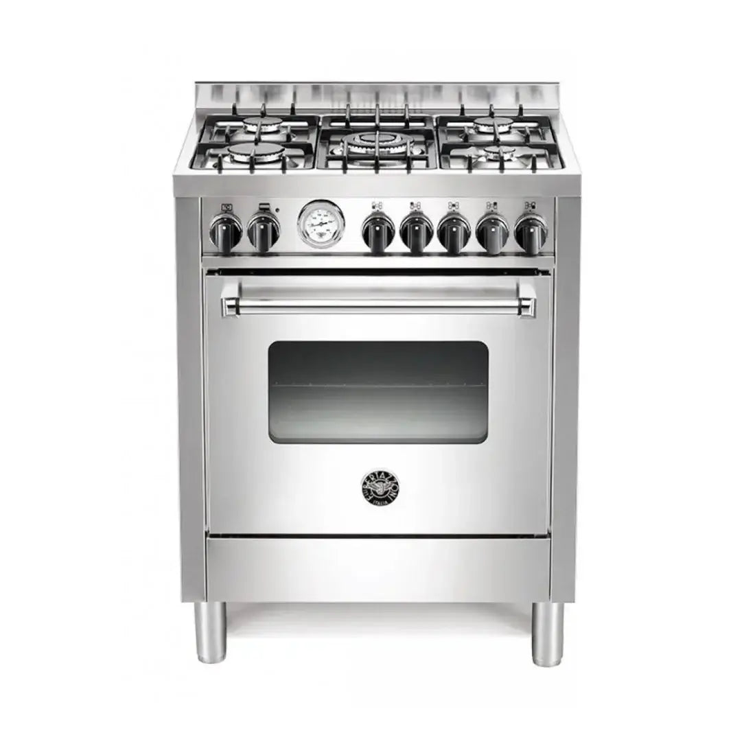 Fogão Bertazzoni Master 5 queimadores a gás em inox, forno ventilado 60 litros, design sofisticado para cozinhas modernas.