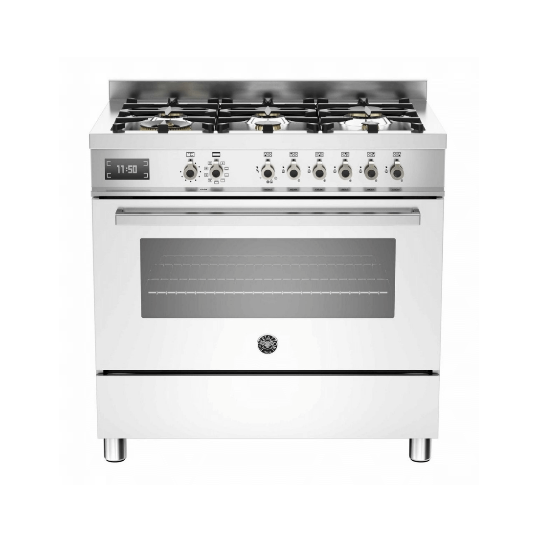 Fogão Bertazzoni Professional Branco 90cm 6 Bocas Forno Elétrico 108L: fogão de piso branco em inox escovado com 6 bocas, grelhas em ferro, painel e puxadores inox