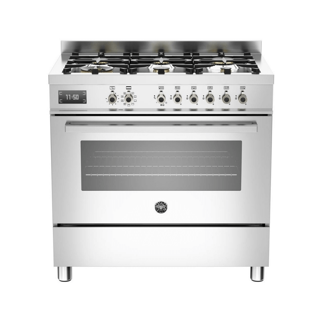 Fogão Bertazzoni Professional Inox 90cm 6 Bocas Forno Elétrico 108L - fogão de piso inox escovado 6 bocas, forno elétrico, grelhas em ferro, painel e puxador cromados