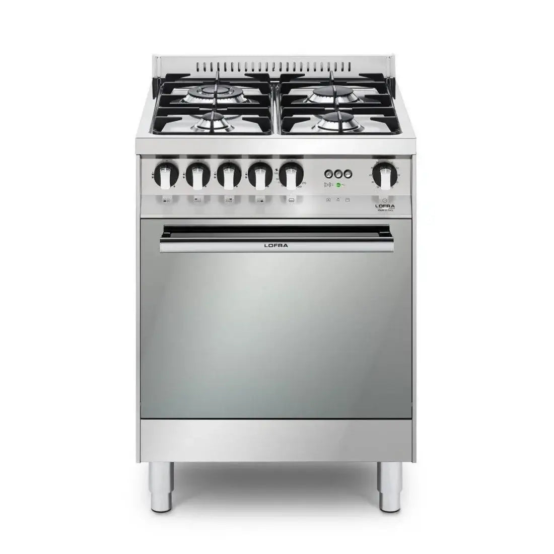 Fogão Lofra New Maxima Inox 60cm 4 Bocas Forno a Gás 72L — fogão de piso inox 4 bocas com queimadores Sabaf, painel cromado e puxador largo