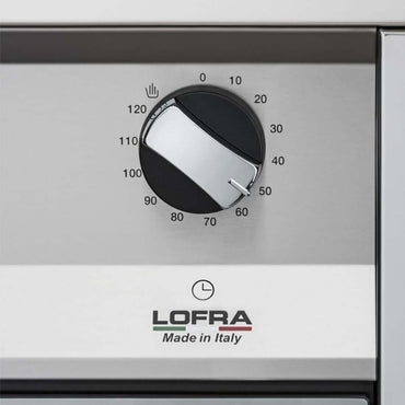 Painel de controle do fogão Lofra com botão de temperatura e logotipo Made in Italy em inox.