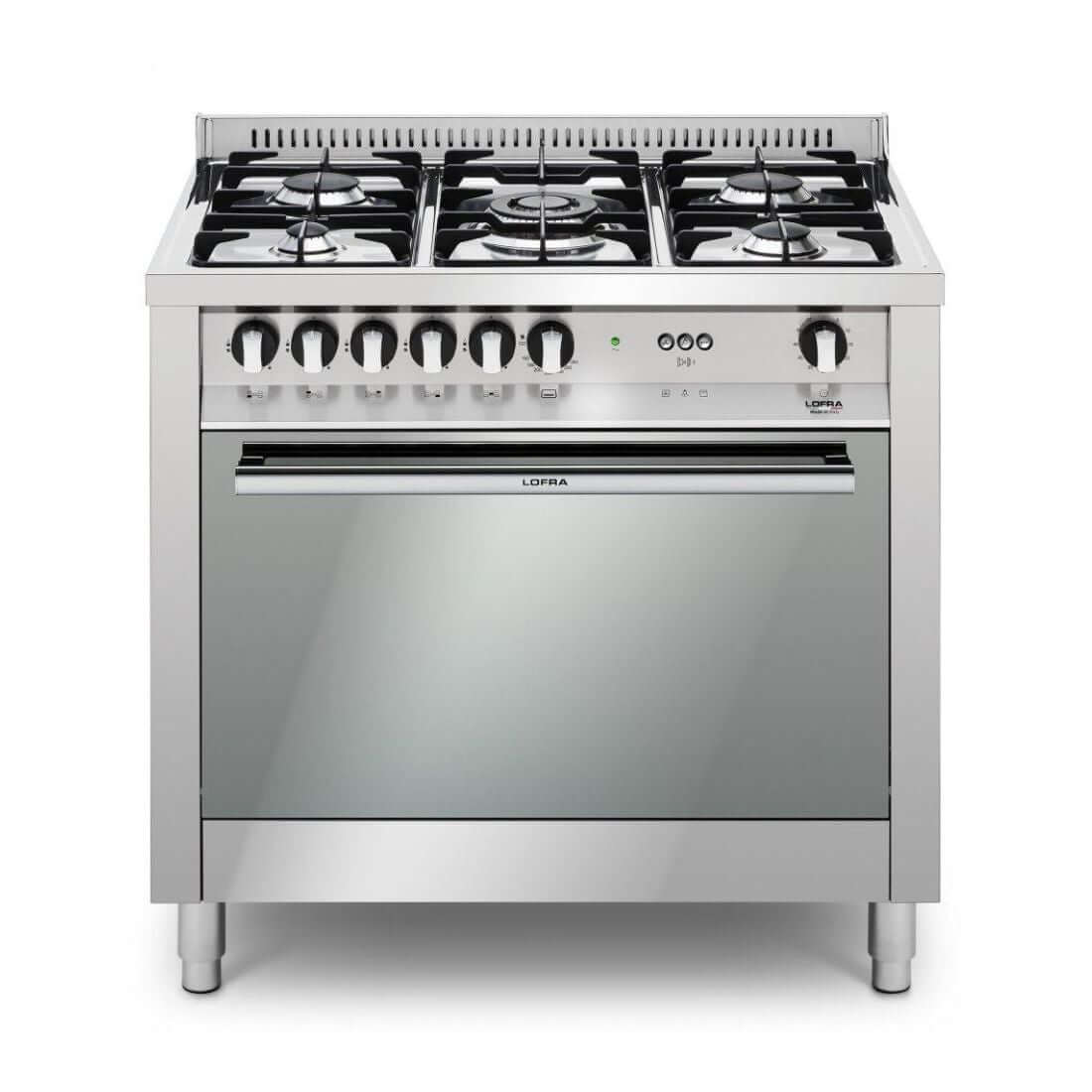 Fogão Lofra New Maxima Inox 90cm 5 Bocas Forno a Gás 102L fogão de piso inox polido 5 bocas com grelhas em ferro e painel frontal cromado