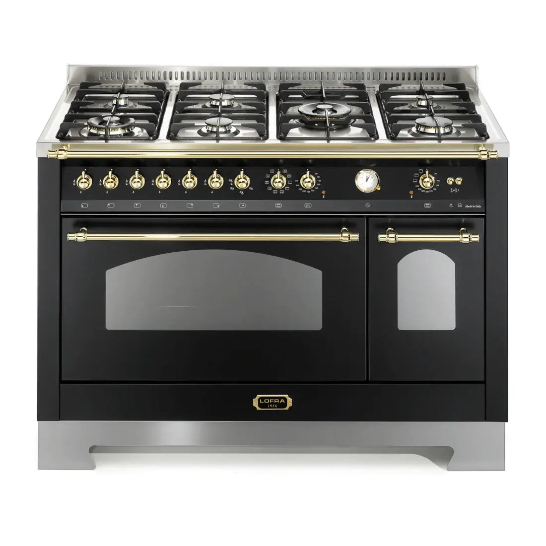 Fogão Lofra Dolcevita Preto 120cm 7 Bocas Forno Elétrico Duplo 124L: fogão de piso preto premium com 7 bocas, grelhas ferro fundido, forno elétrico duplo, puxadores dourados
