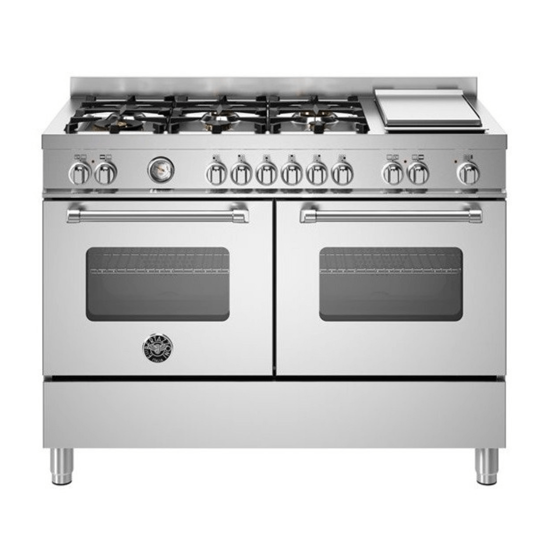 Alt Tag: Fogão Bertazzoni Master Inox 120cm 6 Bocas Forno Elétrico Duplo 138L — fogão italiano de piso inox escovado, 6 bocas, grelhas em ferro, forno elétrico duplo