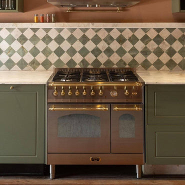 Fogão Lofra Dolcevita Inox 90cm 5 Bocas Forno Duplo Elétrico 106L — fogão de piso inox 5 bocas com forno duplo elétrico, puxadores e detalhes dourados