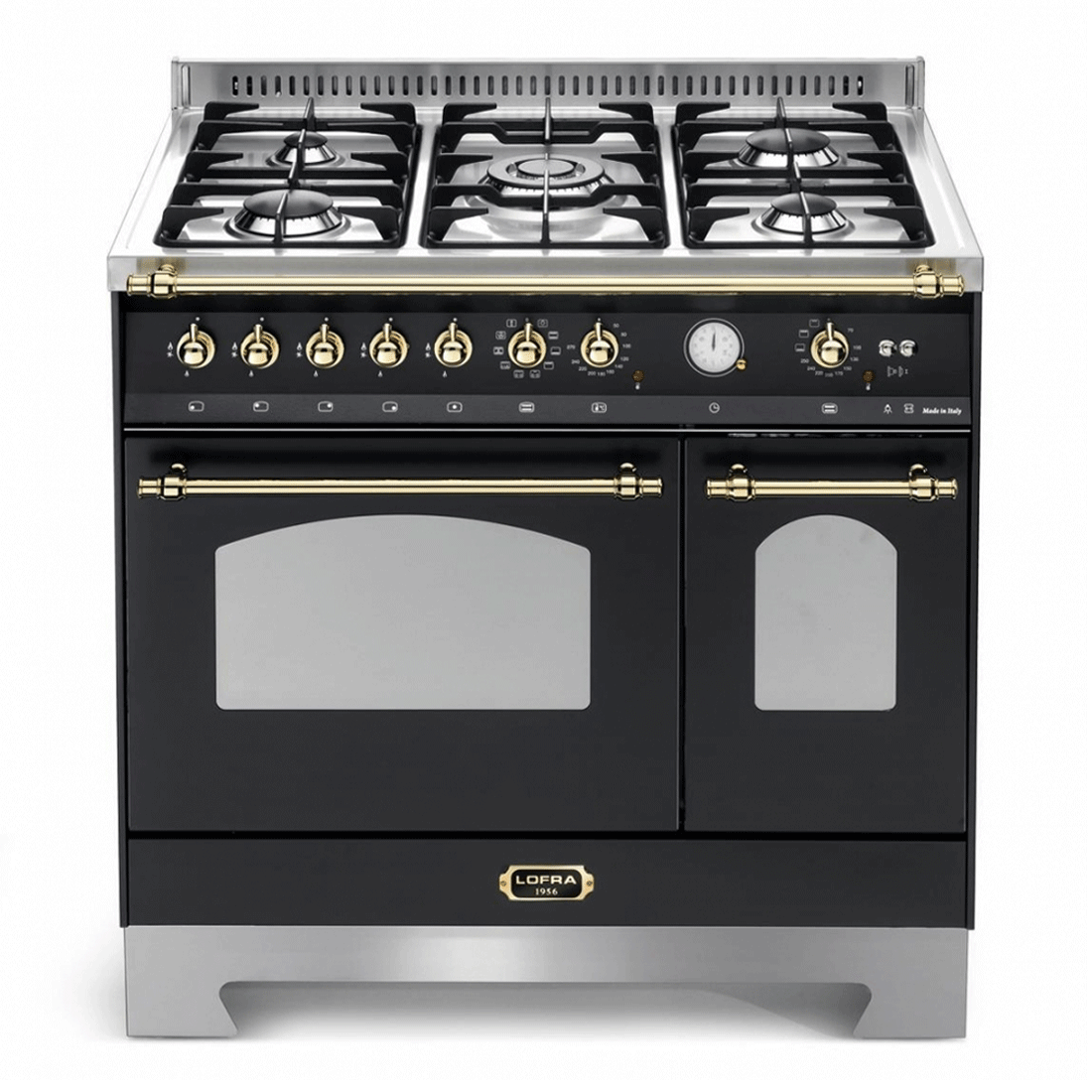 Fogão Lofra Dolcevita Preto 90cm 5 Bocas Forno Duplo Elétrico 106L: fogão de piso preto fosco com 5 queimadores Sabaf, grelhas ferro fundido e puxadores dourados