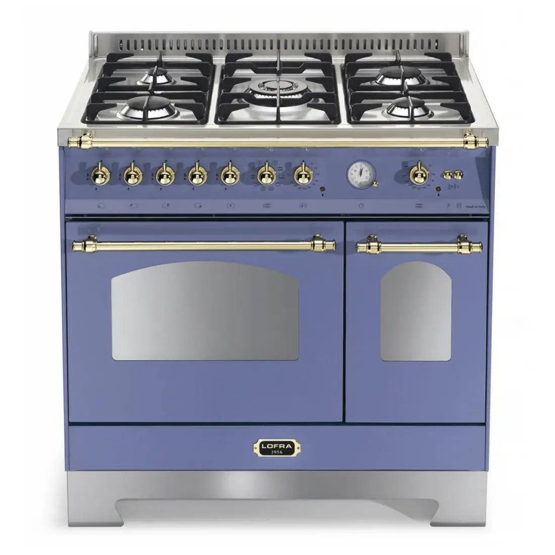 Fogão Lofra Dolcevita Lavanda 90cm 5 Bocas Forno Duplo Elétrico 106L - fogão de piso lavanda com acabamento inox, 5 bocas Sabaf, forno duplo elétrico e puxadores dourados
