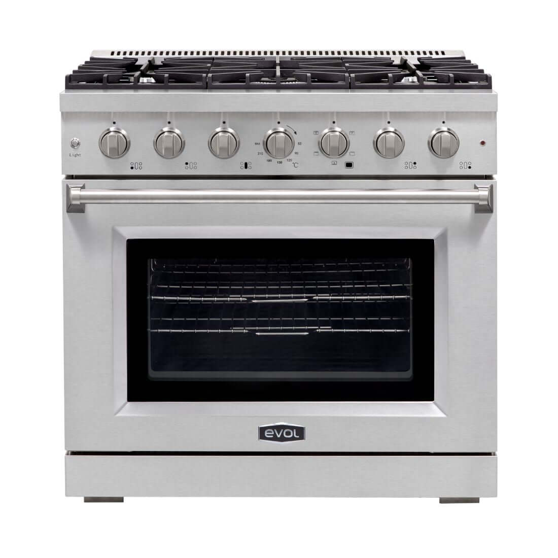 Fogão Evol Potenza 5 bocas inox com forno elétrico 160L, trempes em ferro e queimadores Sabaf — frente do produto