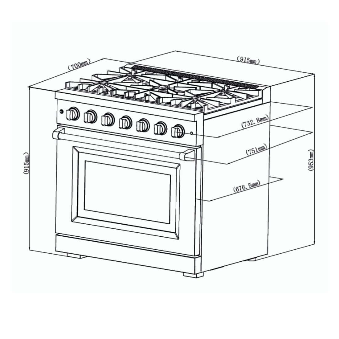 Fogão Evol Potenza 5 bocas desenho técnico com medidas do forno elétrico inox 91cm e trempes em ferro