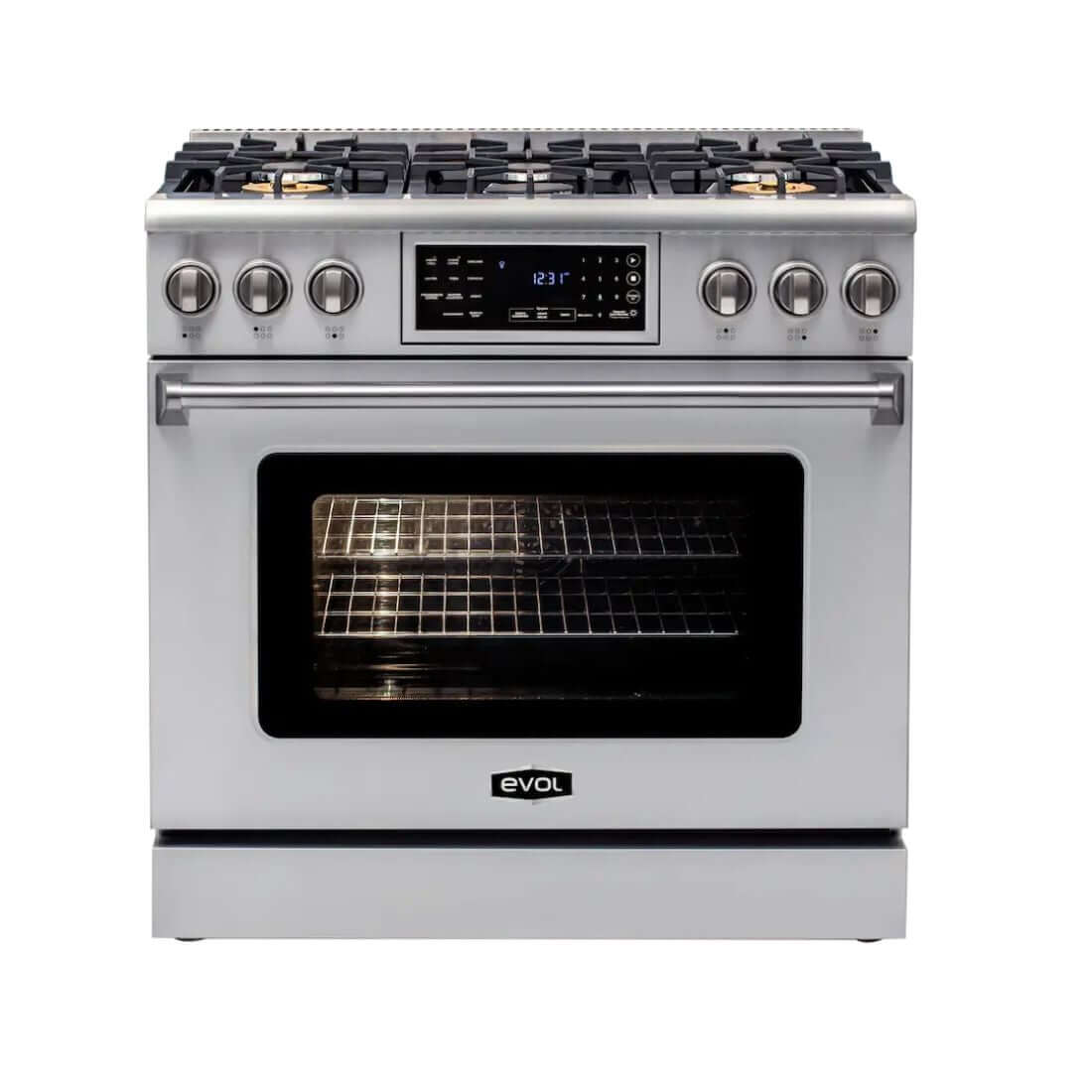 Fogão Evol Profissional 6 bocas inox com forno elétrico 163L e painel digital Air Fryer 91cm