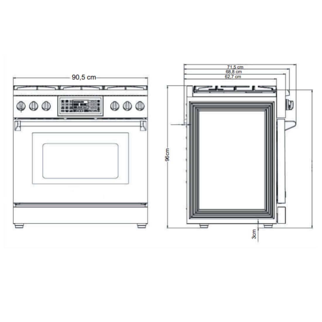 Fogão Evol Profissional 6 bocas com forno elétrico 163L e Air Fryer, vista frontal e lateral com medidas 91cm