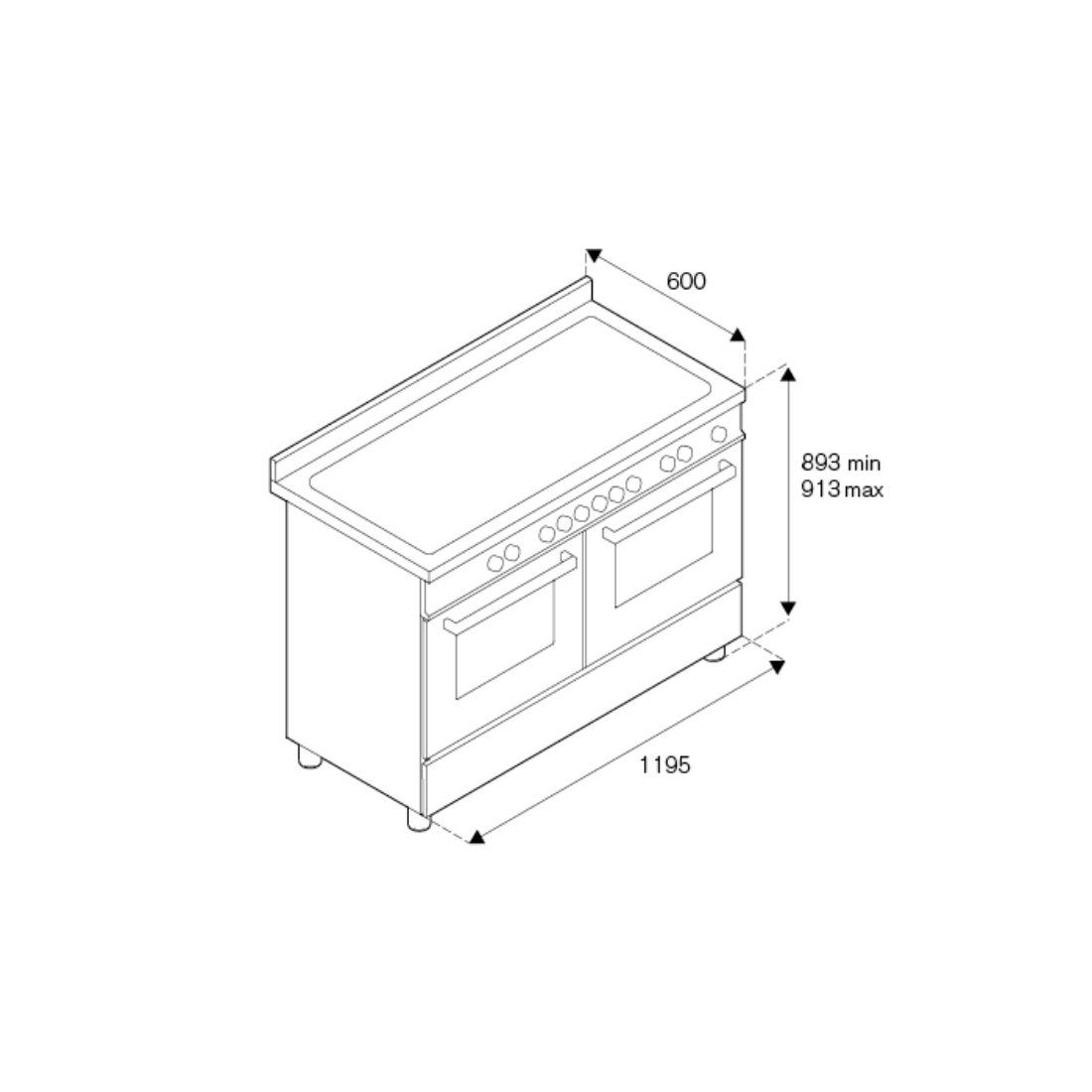 Fogão Bertazzoni Professional Preto 120cm 6 Bocas Forno Duplo 138L: fogão de piso preto inox 6 bocas, painéis e puxadores frontais, desenho técnico com medidas