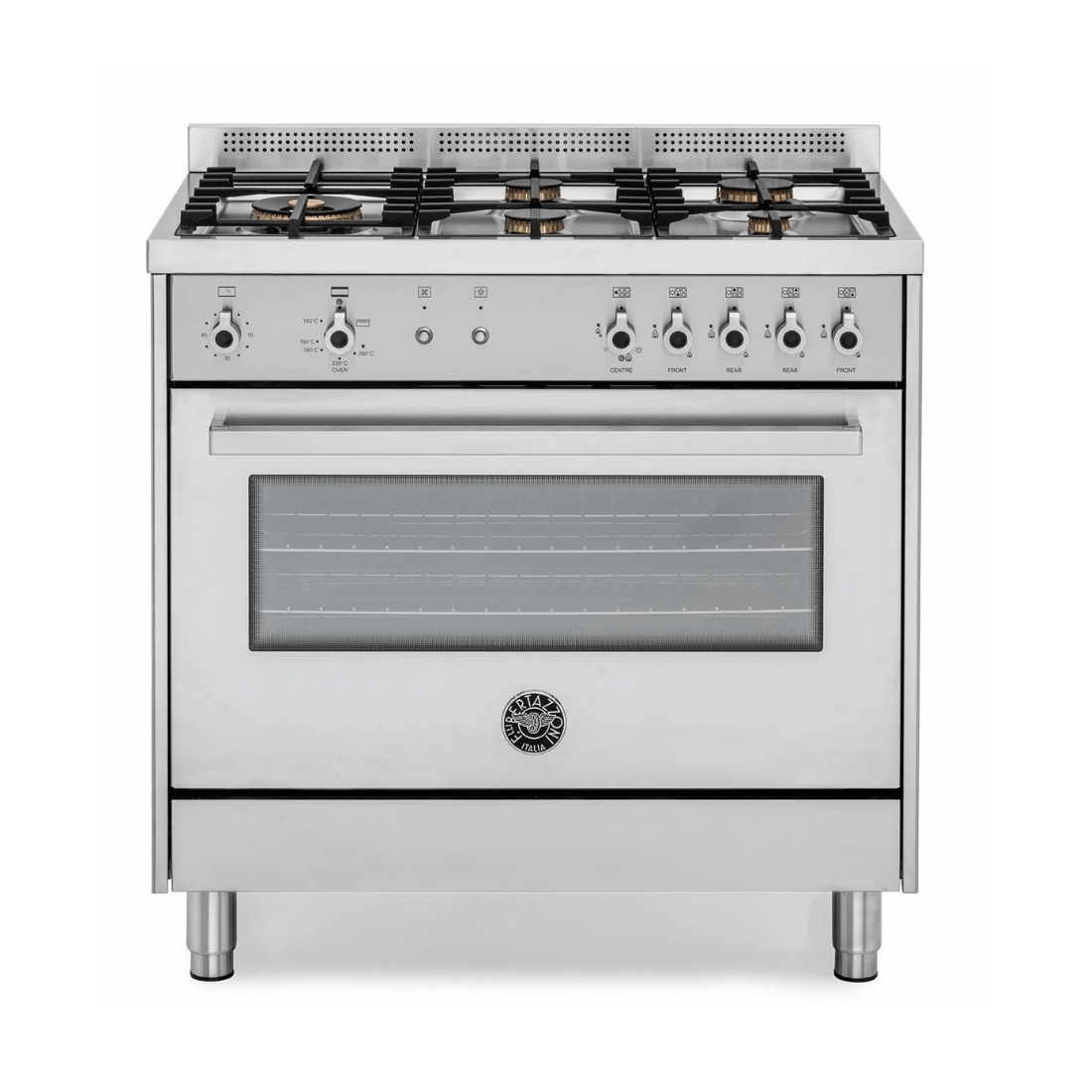 Fogão Bertazzoni Professional Inox 90cm 5 Bocas Forno a Gás 142 Litros: fogão profissional de piso inox escovado 5 bocas, forno a gás, grelhas ferro fundido