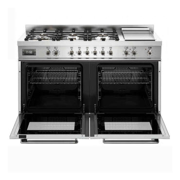 Fogão Bertazzoni Professional Amarelo 120cm 6 Bocas Forno Duplo 138L: fogão profissional de piso inox com 6 bocas, painel frontal, grelhas e forno duplo aberto