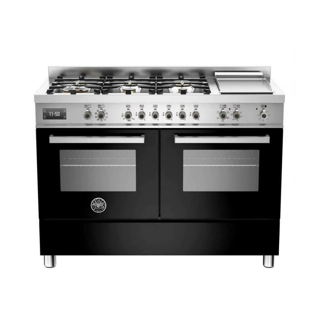 Fogão Bertazzoni Professional Preto 120cm 6 Bocas Forno Duplo 138L: fogão profissional de piso preto inox com 6 bocas, forno duplo elétrico e grelhas ferro fundido