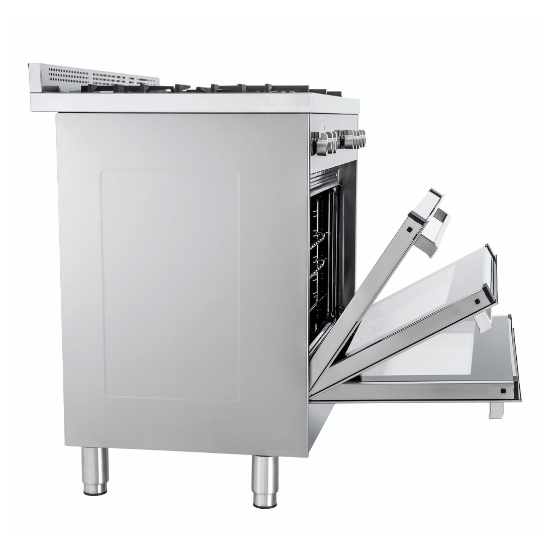 Fogão Bertazzoni Professional 5 Bocas Inox com forno a gás e laterais abertas.
