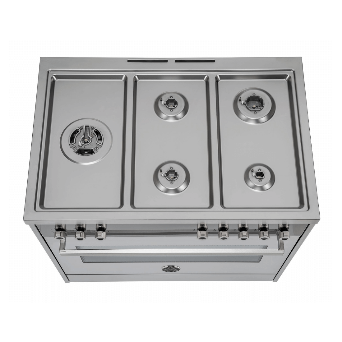 Fogão Bertazzoni Professional 5 Bocas Inox 90cm vista superior com queimadores e forno a gás.