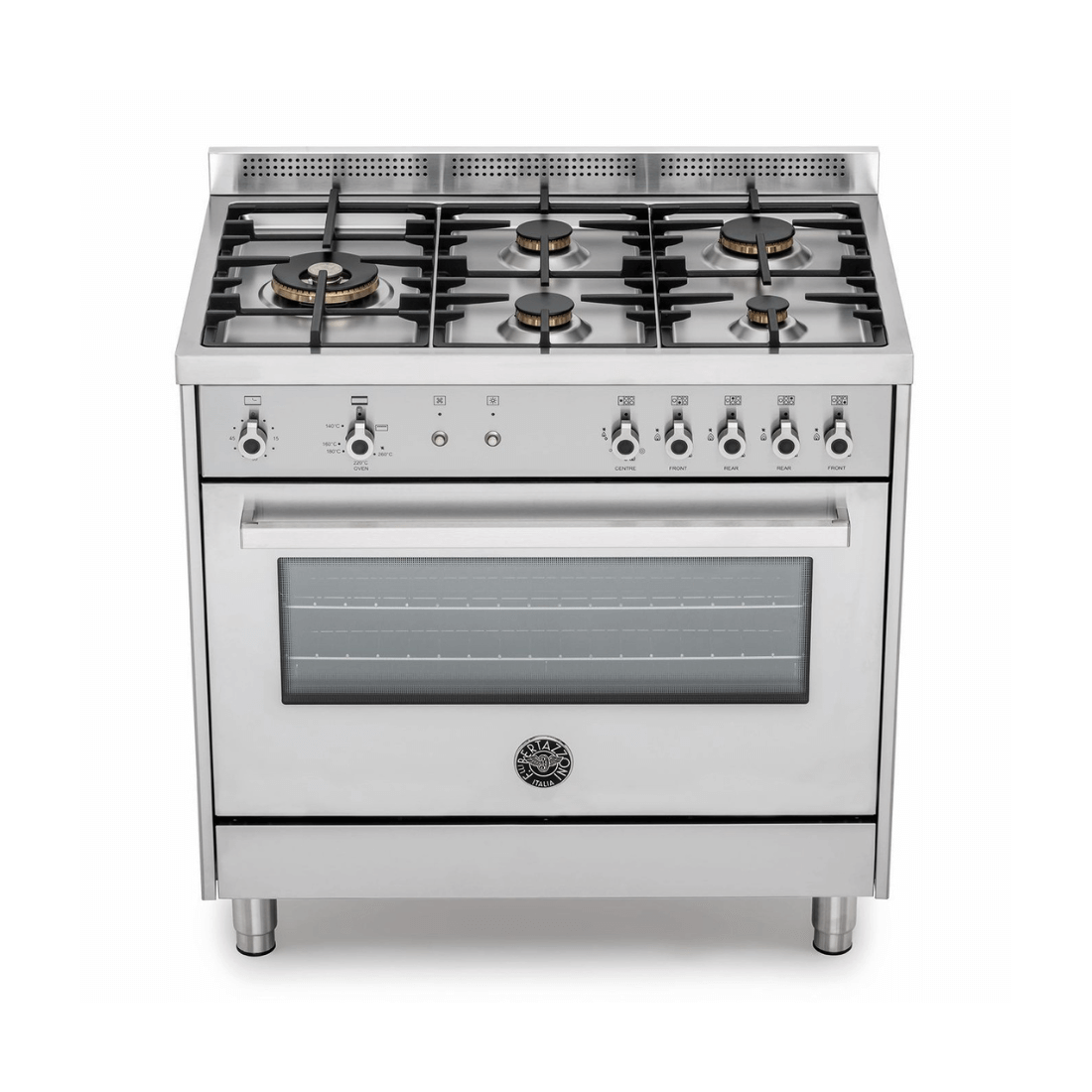 Fogão Bertazzoni Professional inox 5 bocas com forno a gás e 142 litros, 90cm de largura.