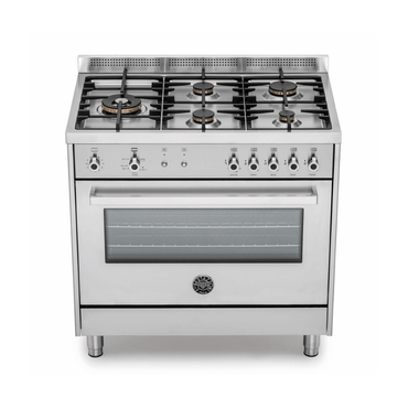 Fogão Bertazzoni Professional inox 5 bocas com forno a gás e 142 litros, 90cm de largura.