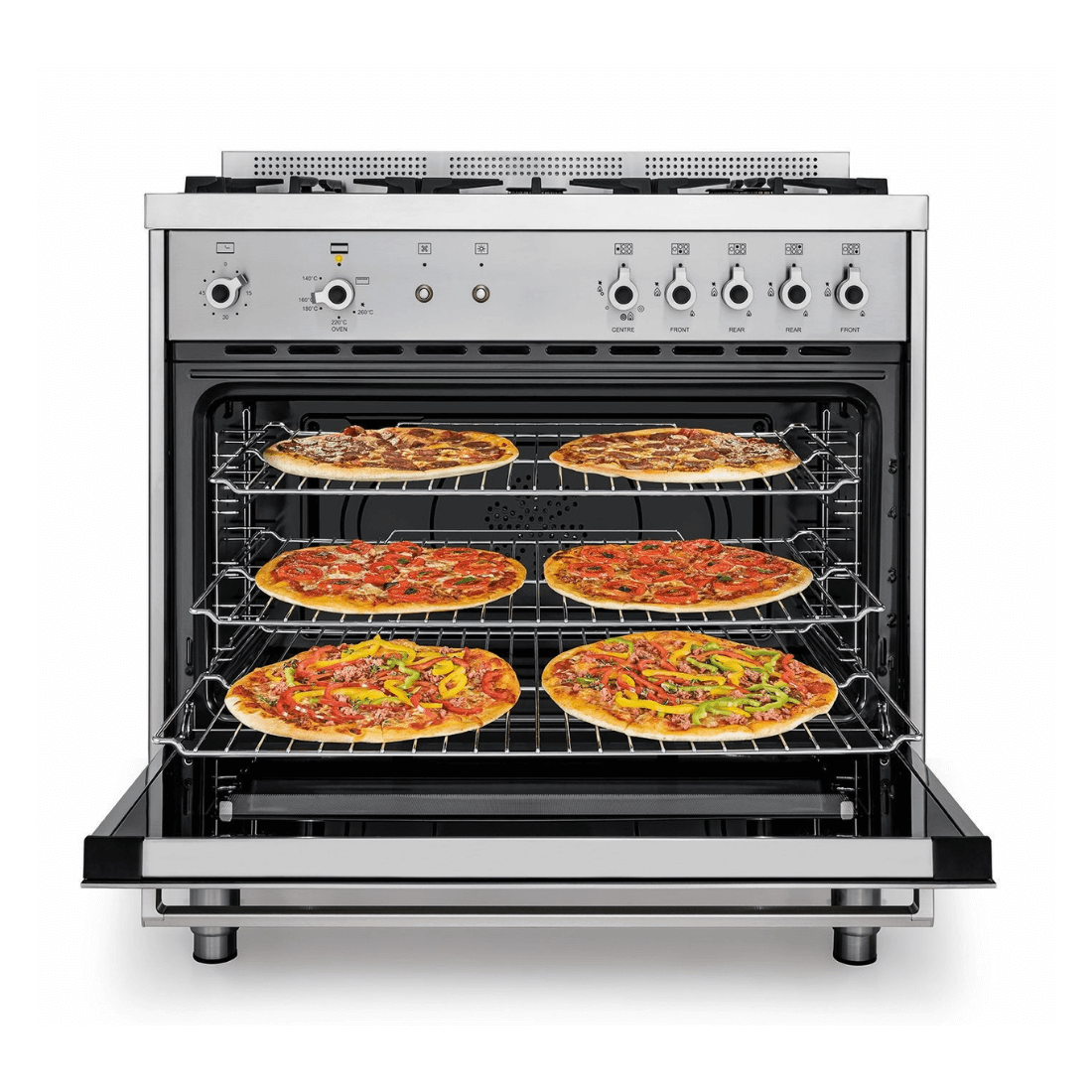 Fogão Bertazzoni Profissional inox com forno a gás, pizzas assando em três prateleiras.