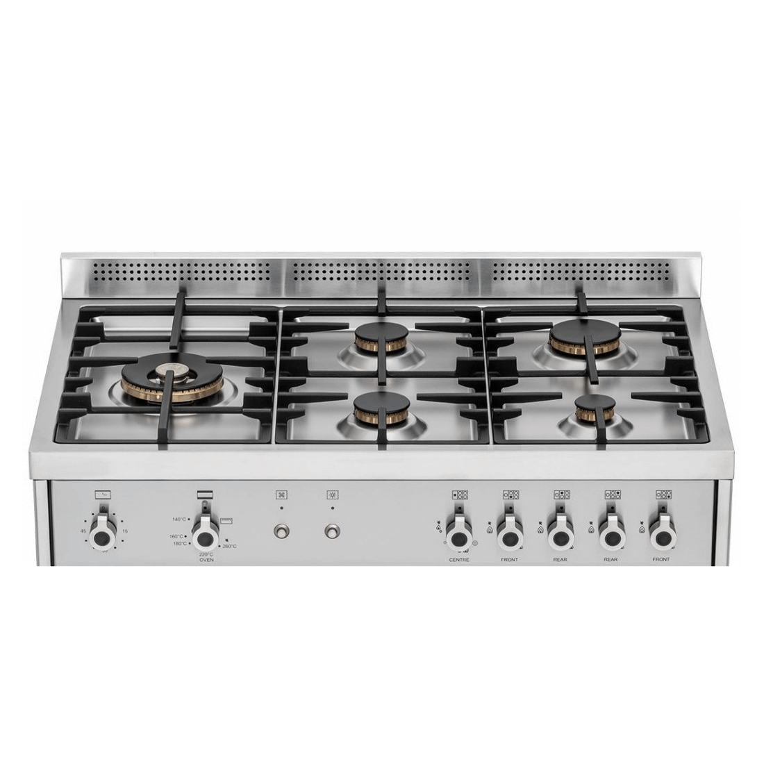 Fogão Bertazzoni Profissional 5 bocas em inox com queimadores a gás e acendimento automático.