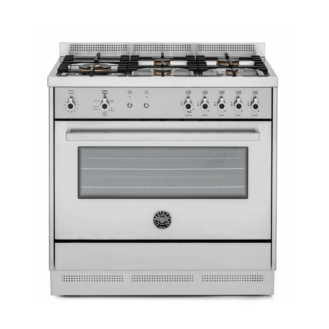 Fogão Bertazzoni Profissional 5 bocas inox 90cm com forno a gás e elétrico ventilado, design moderno.