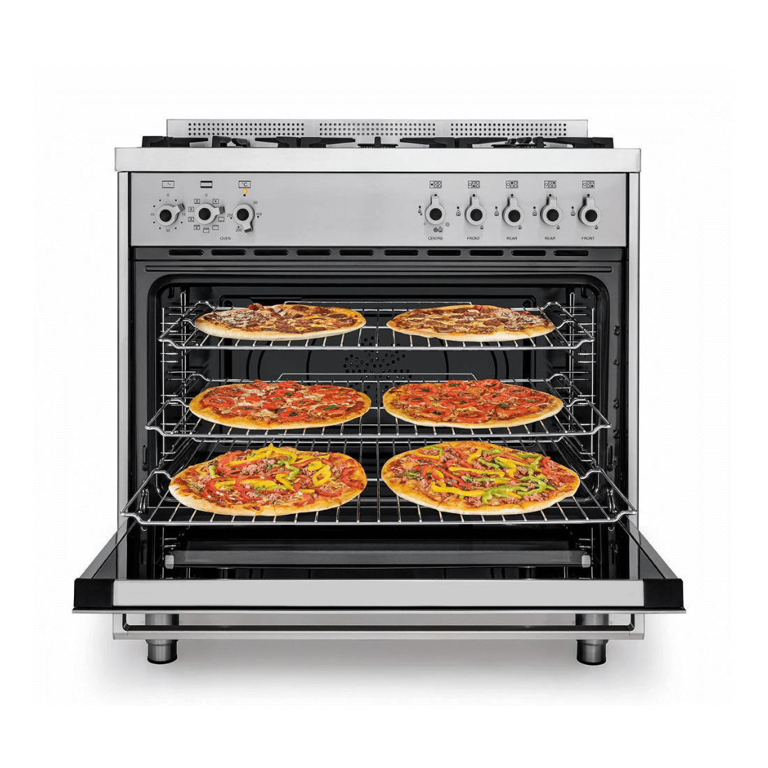 Forno elétrico Bertazzoni com pizzas assando nas prateleiras, design em inox e 9 funções de cozimento.