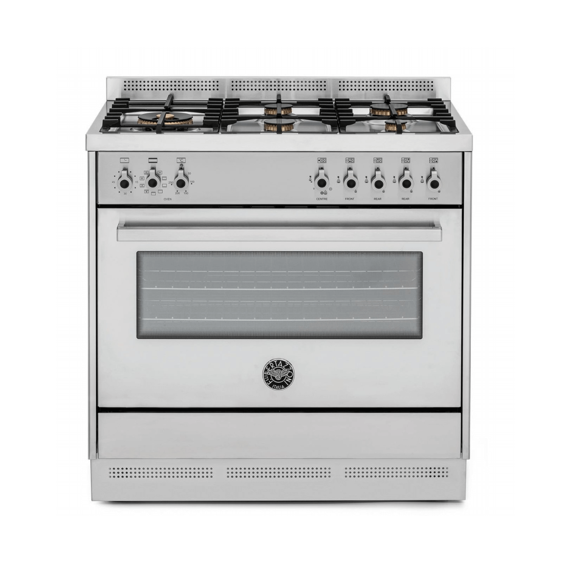 Fogão Bertazzoni Professional 5 Bocas Inox 90cm com forno elétrico e acabamentos em inox escovado.