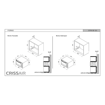 Forno CrissAir Combinado com Micro-ondas Inox 34 Litros 60cm mostrando desenho técnico de nicho de embutir e medidas, acabamento inox e porta de vidro