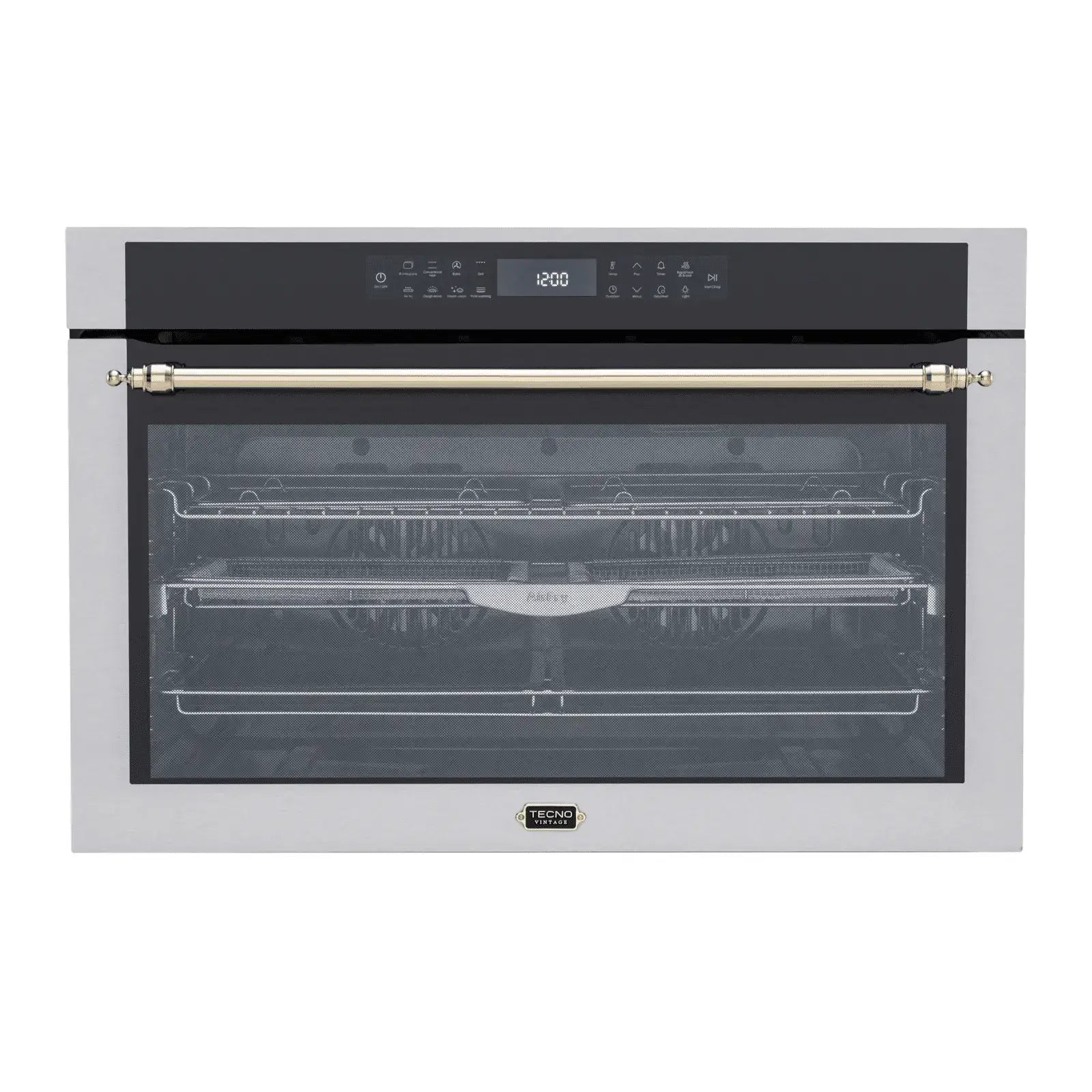Forno Tecno Vintage Elétrico Air Fry 138 Litros Inox 90cm em inox com porta de vidro, puxador dourado e painel digital touch para embutir