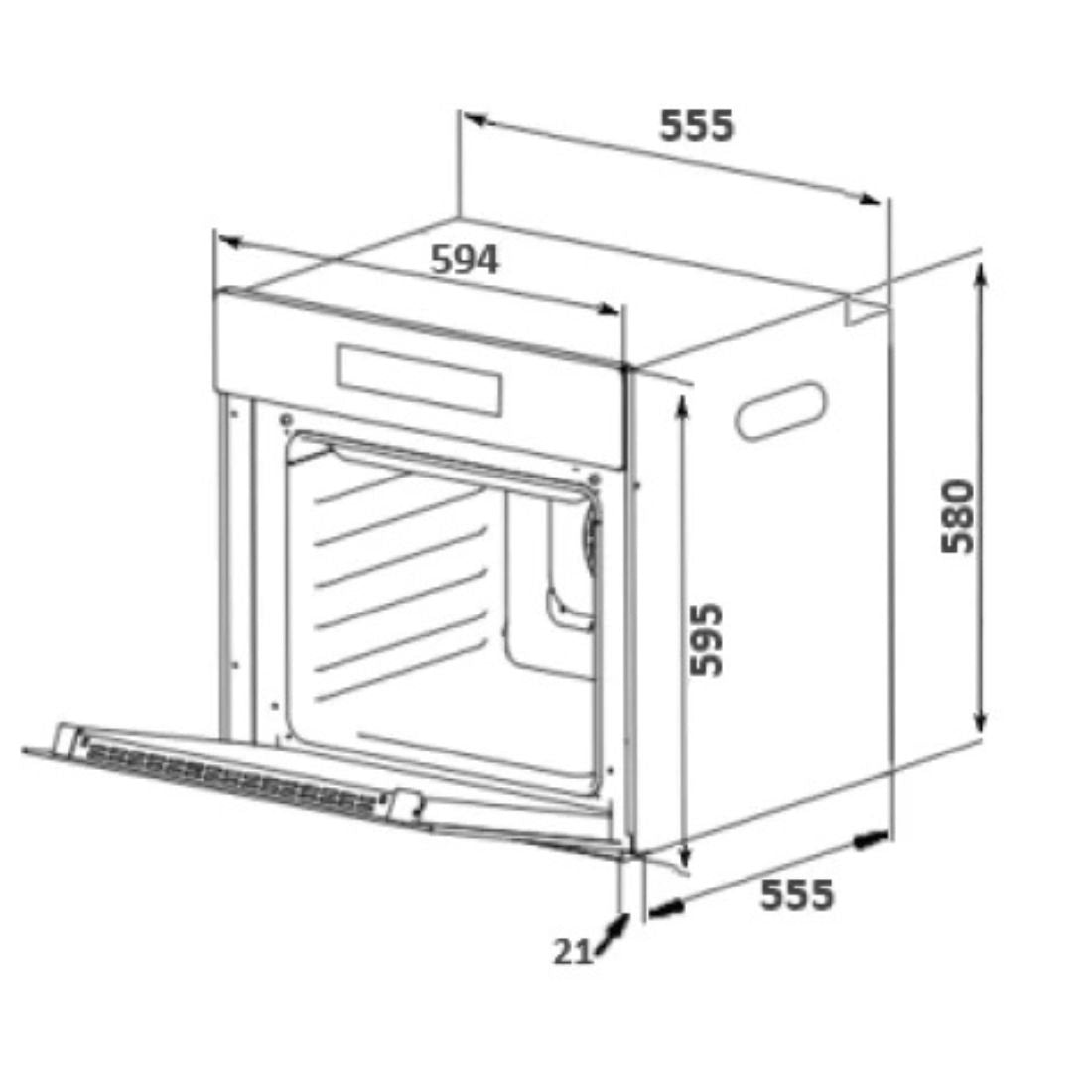Forno Elétrico a Vapor Debacco Montreal Steam 73L 60cm desenho técnico com dimensões exteriores e internas
