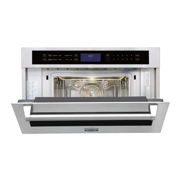 Forno Evol combinado com Micro-ondas 45L Inox 76cm com Air Fryer, painel touch e porta aberta mostrando interior iluminado