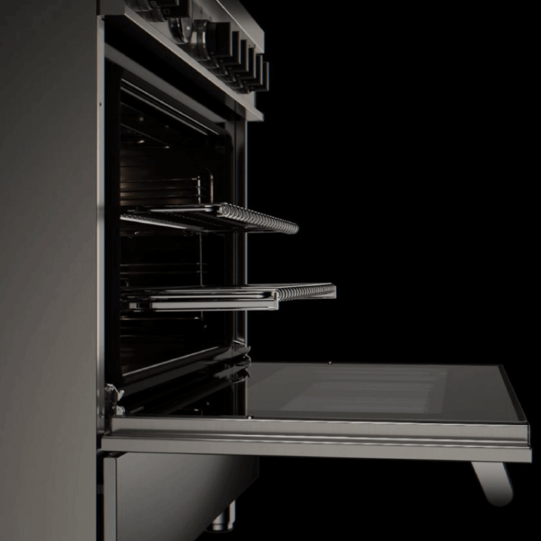 Visão do forno elétrico Bertazzoni com prateleiras, acabamento em inox e design moderno.