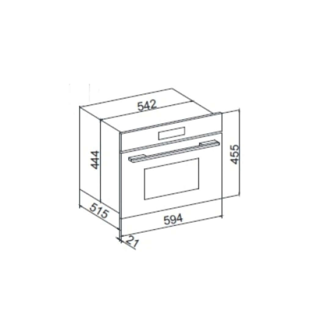 Forno Tecno Combinado com Micro-ondas 38 Litros Inox 60cm, desenho técnico de embutir em inox com puxador retangular e porta de vidro