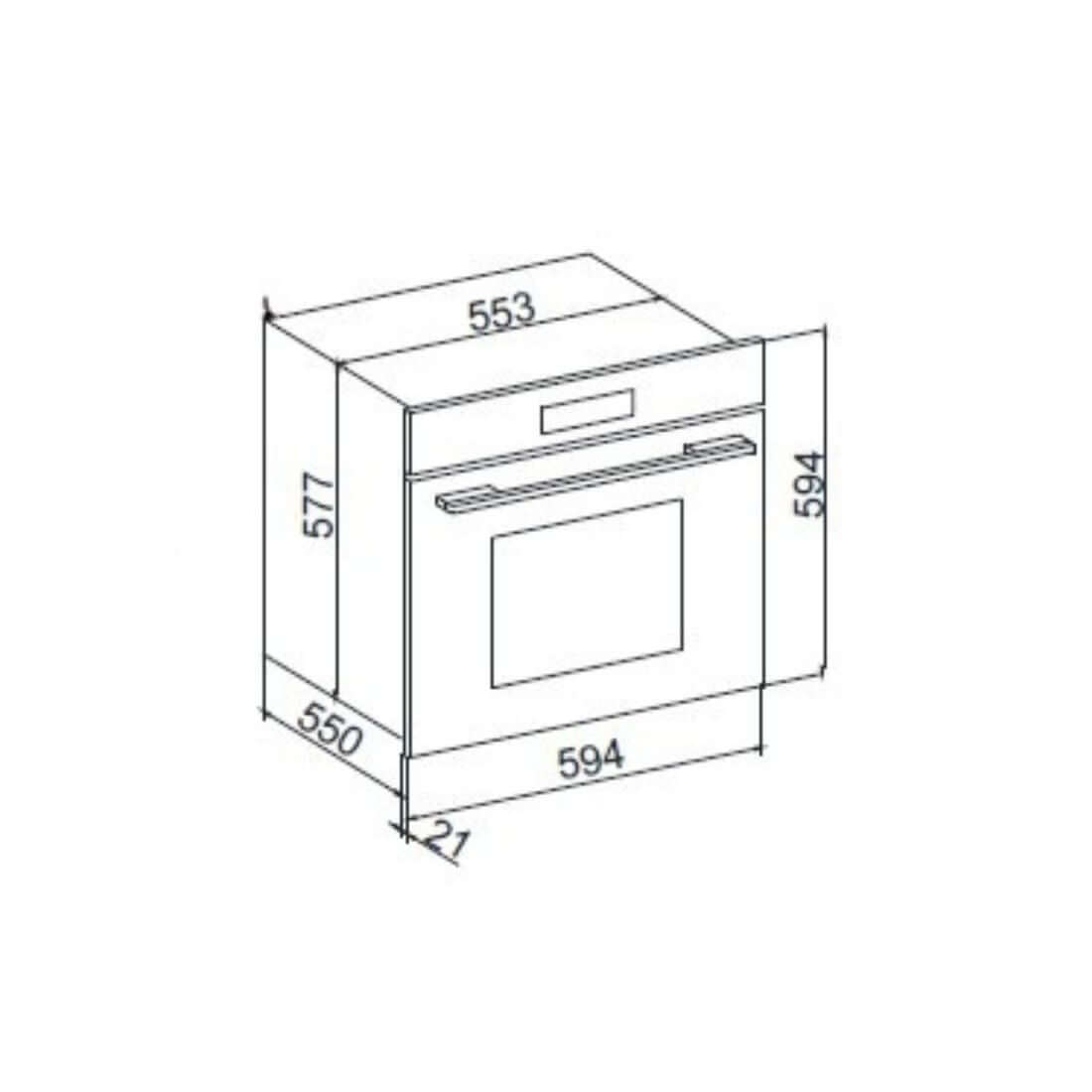 Forno Tecno Original Elétrico Air Fry 73 Litros Inox 60cm de embutir, desenho técnico com medidas, painel digital e porta de vidro