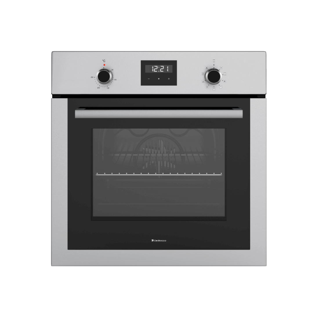 Forno Debacco Elétrico Zurique 76 Litros Inox 60cm em inox escovado, porta de vidro triplo, painel digital e botões analógicos embutir