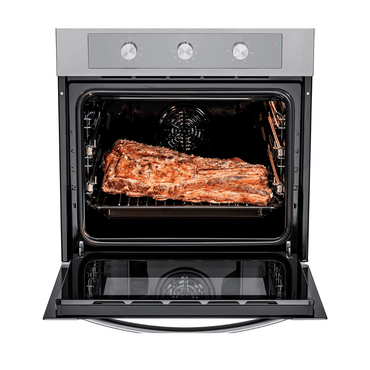 Forno Tecno Original Elétrico inox 67 litros com grelha e assado dourado dentro, painel analógico e porta aberta