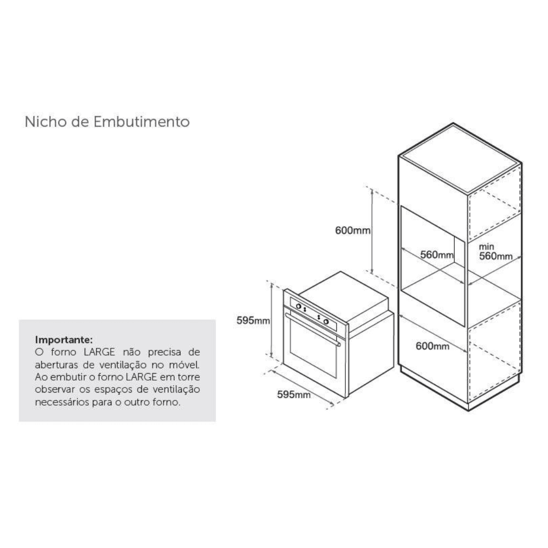 Forno Tecno Professional 67L inox embutir dimensões nicho 595x595x560mm instruções ventilação
