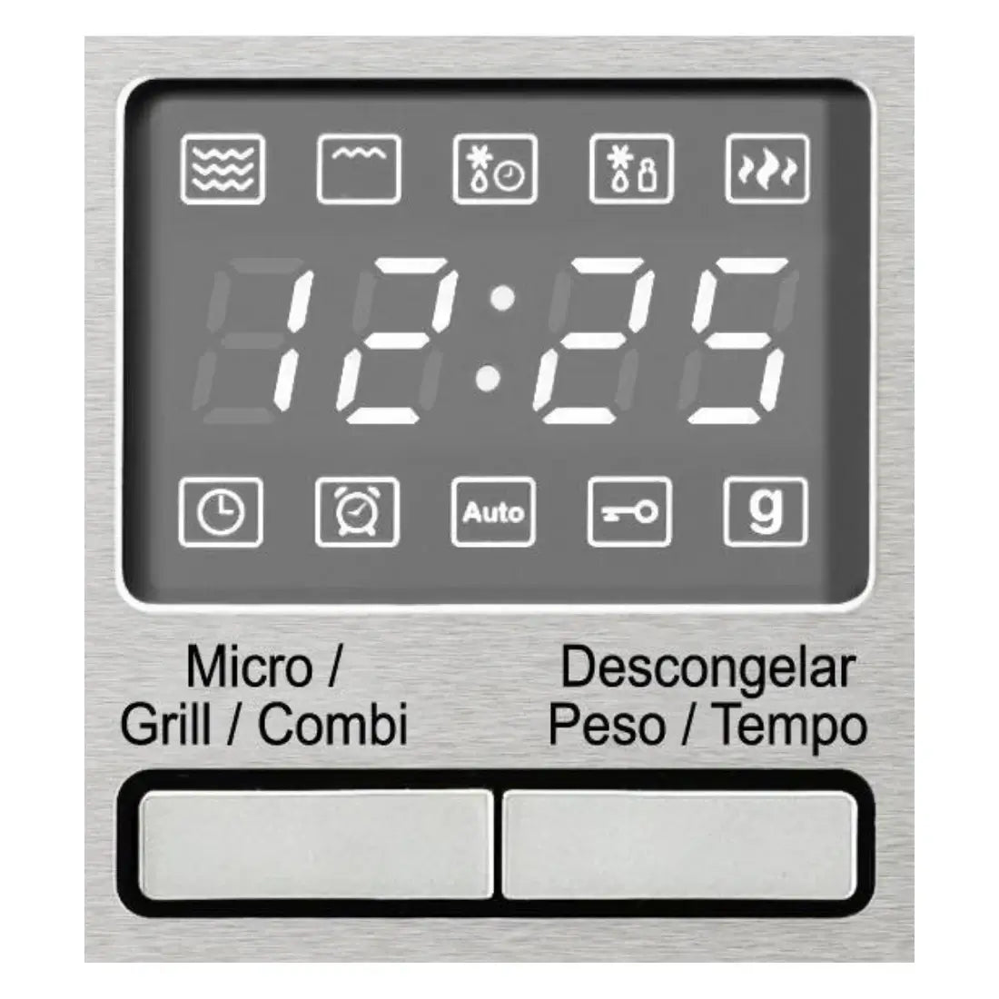 Painel digital do forno micro-ondas combinado Tecno com funções de grill, descongelar e timer.