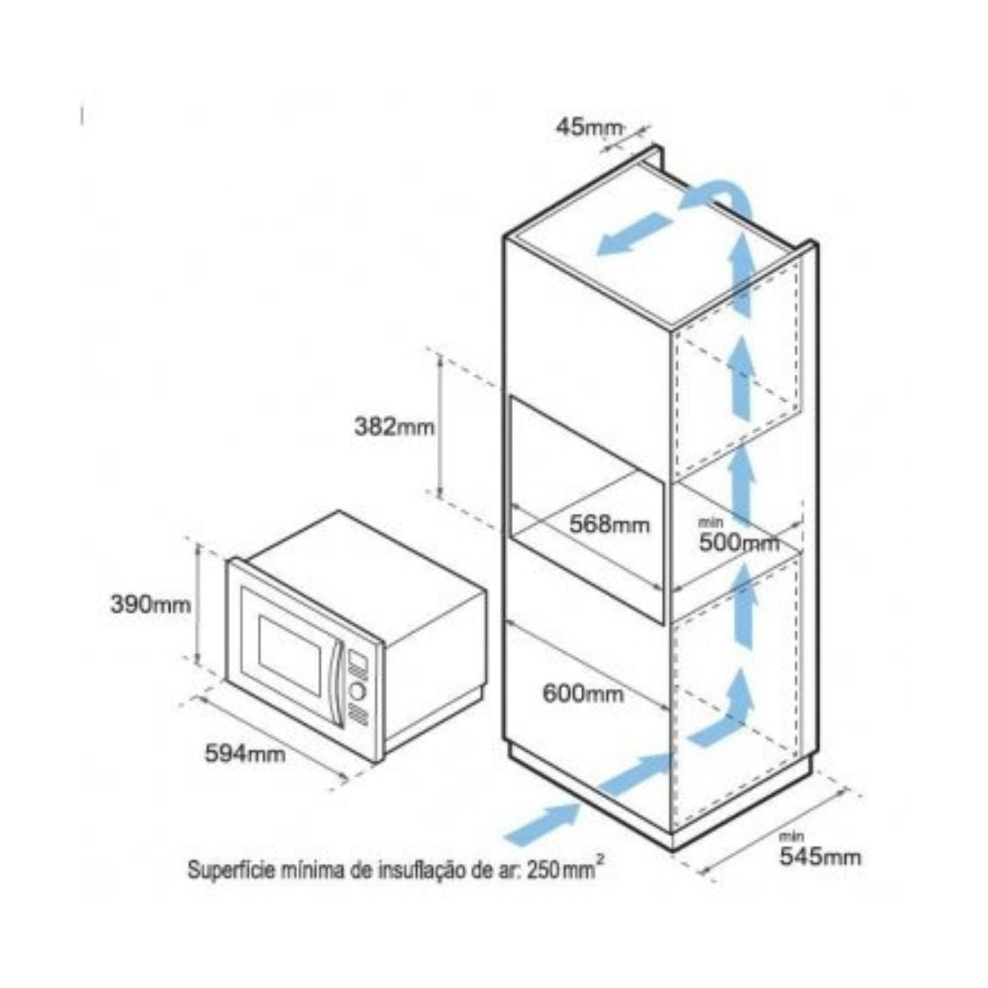 Esquema técnico do Forno Micro-ondas Combinado Tecno 25 Litros Inox 60cm com dimensões e requisitos de instalação.