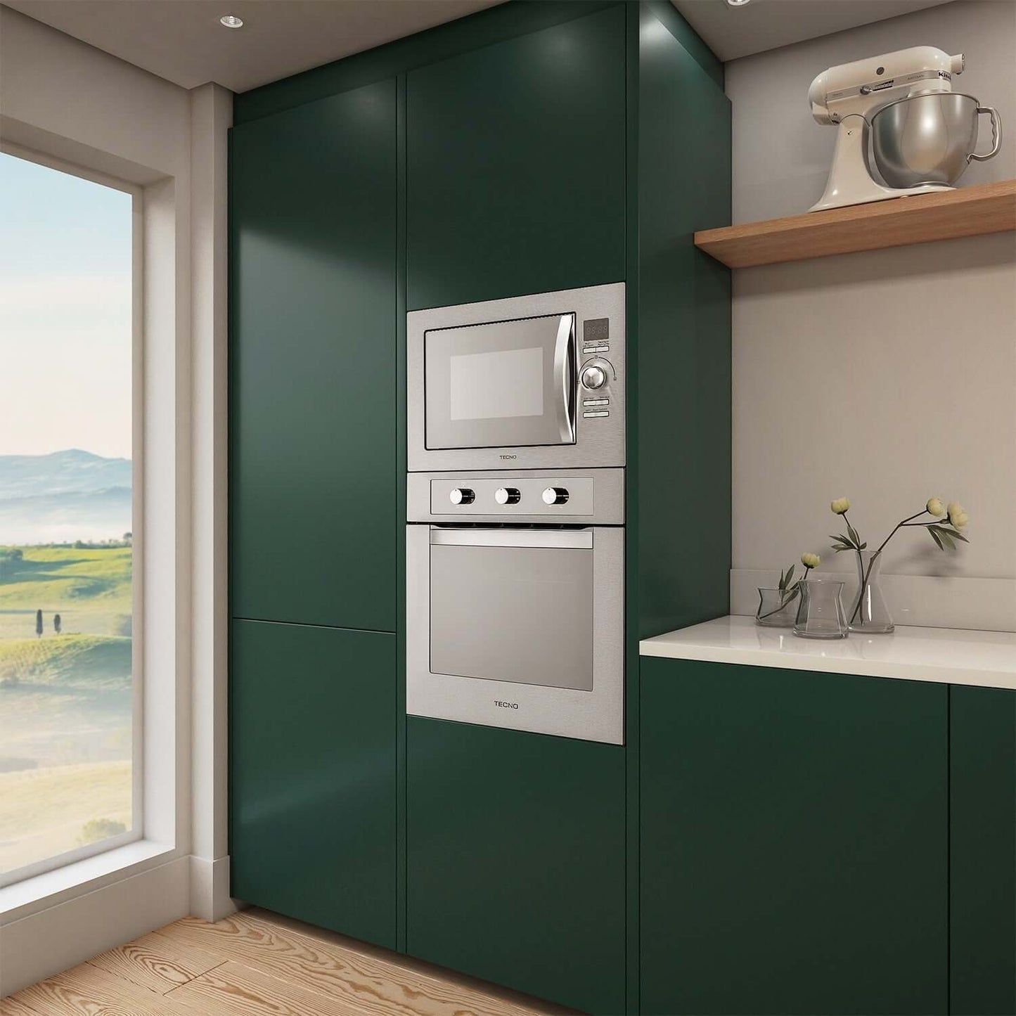 Forno micro-ondas combinado Tecno 25 litros inox instalado em cozinha moderna com armários verdes.