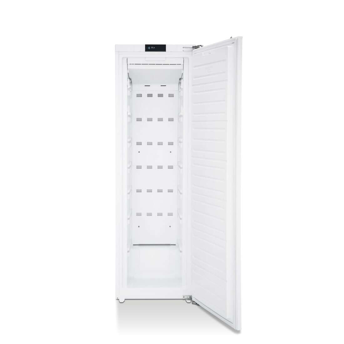 Alt Tag: Freezer Tecno de Revestir 221L 54cm embutir branco com porta aberta, interior vazio e painel digital