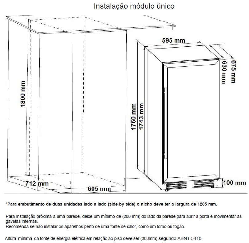Dimensões para instalação da adega de vinhos Tecno Vintage de embutir, mostrando medidas em milímetros.