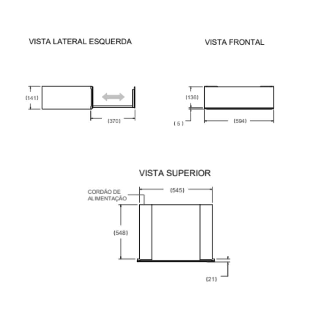 Gaveta Aquecida Tecno Professional Inox 60cm: desenho técnico com vistas frontal, lateral e superior mostrando dimensões e cabo de alimentação