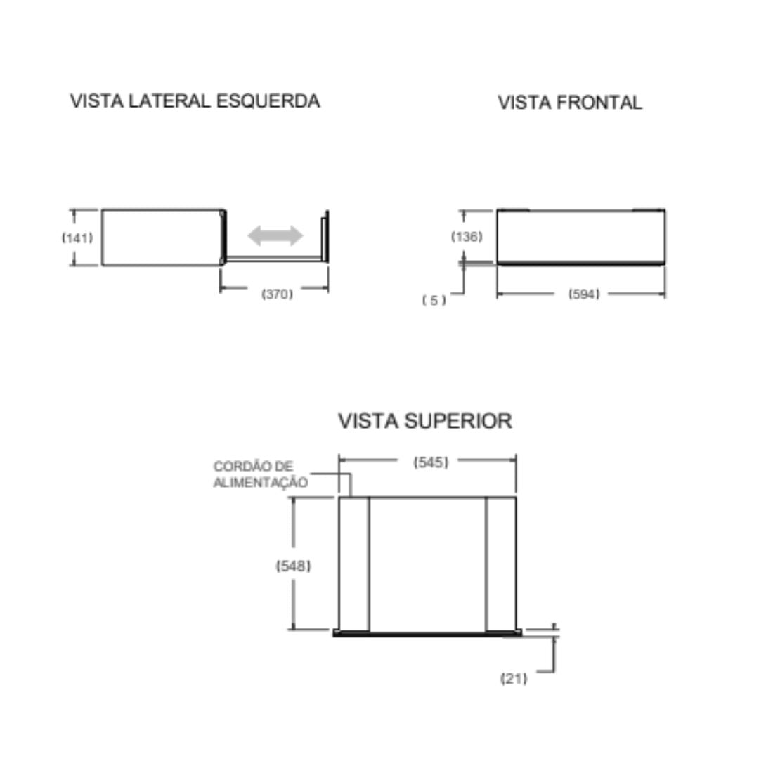Gaveta Aquecida Tecno Vintage Inox 60cm desenho técnico com vistas frontal, lateral e superior, dimensões e posicionamento do cordão de alimentação