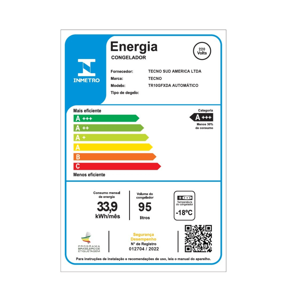 Etiqueta de eficiência energética do congelador Tecno com informações de consumo e volume.
