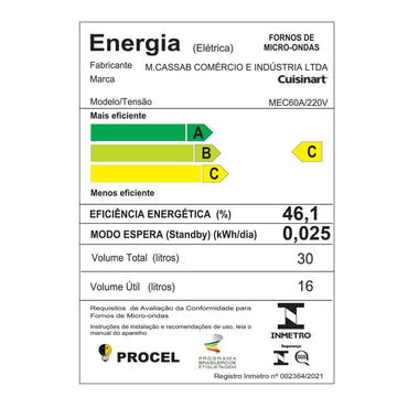 Etiqueta de eficiência energética do Forno Micro-ondas Combinado Cuisinart 31 Litros Inox 60cm