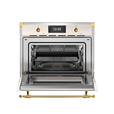 Forno Bertazzoni Heritage Combinado 40L Marfim 60cm com micro-ondas, aço inox italiano, porta aberta e detalhes dourados